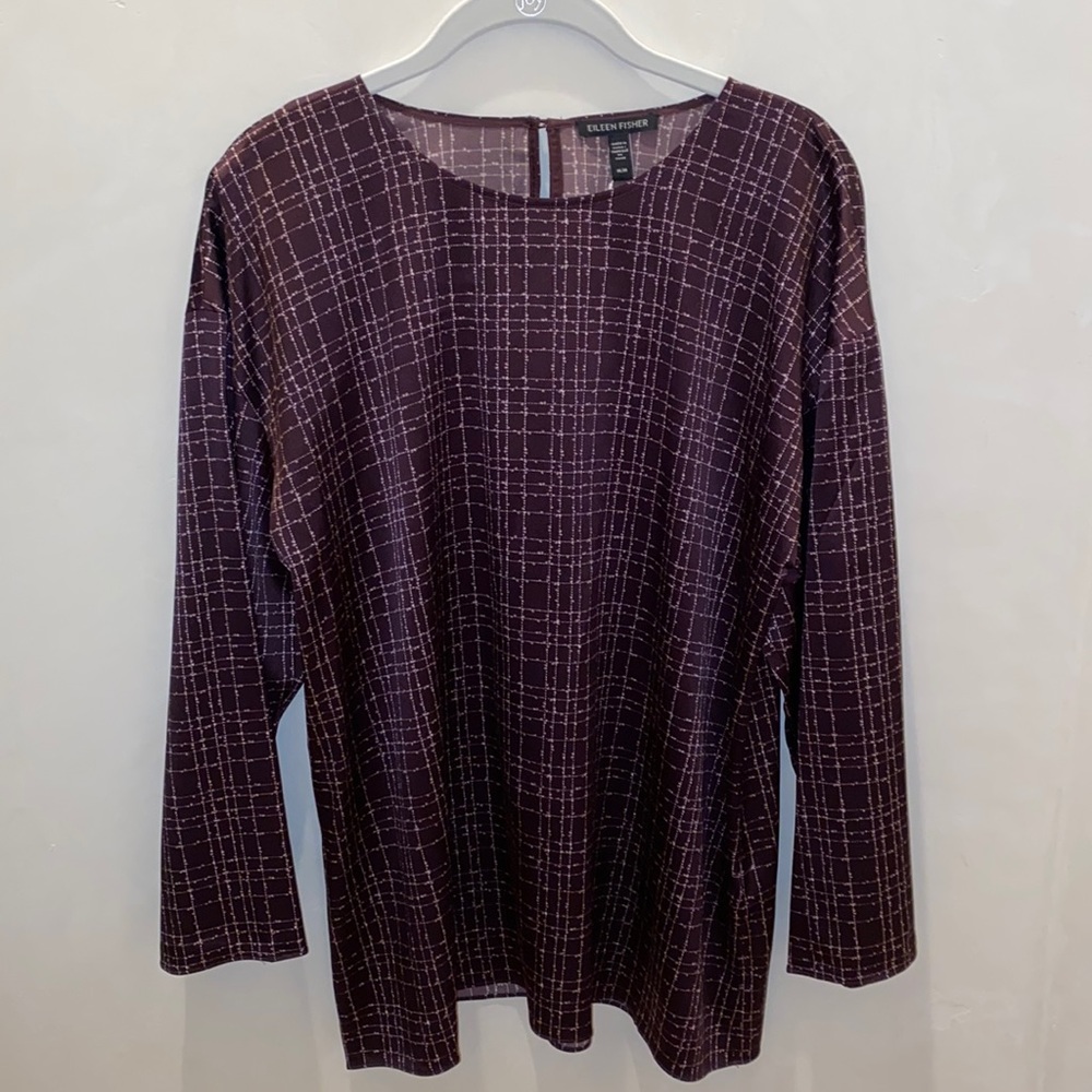 NEW Eileen Fisher Size M Check Stretch Silk Top Casis